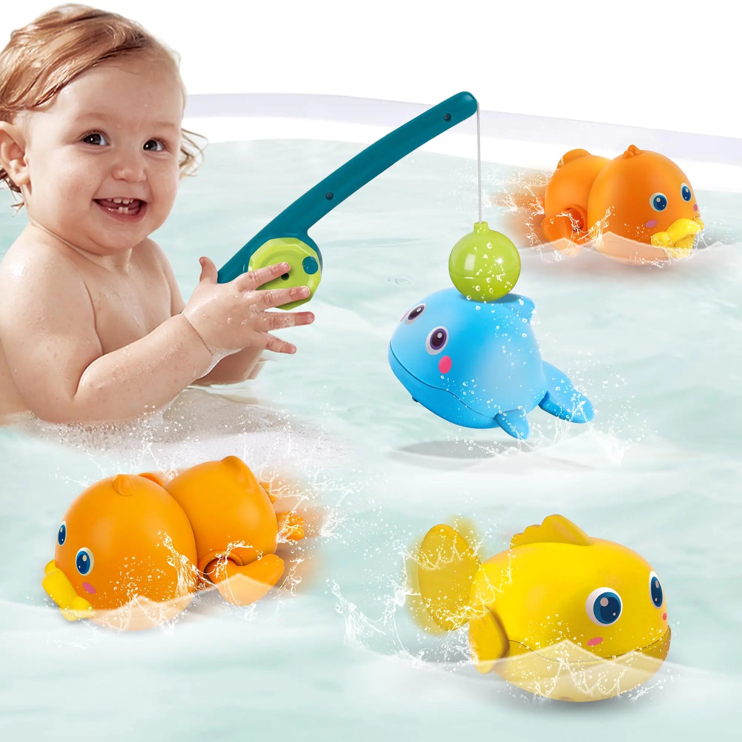 Dwi Dowellin Bath Toys for Toddlers Magnetic Fishing Games Kids Bathtub Toys Mold Free Wind-up Toys Swimming Fish Duck Whale Floating Water Toys for Kids Baby Infant