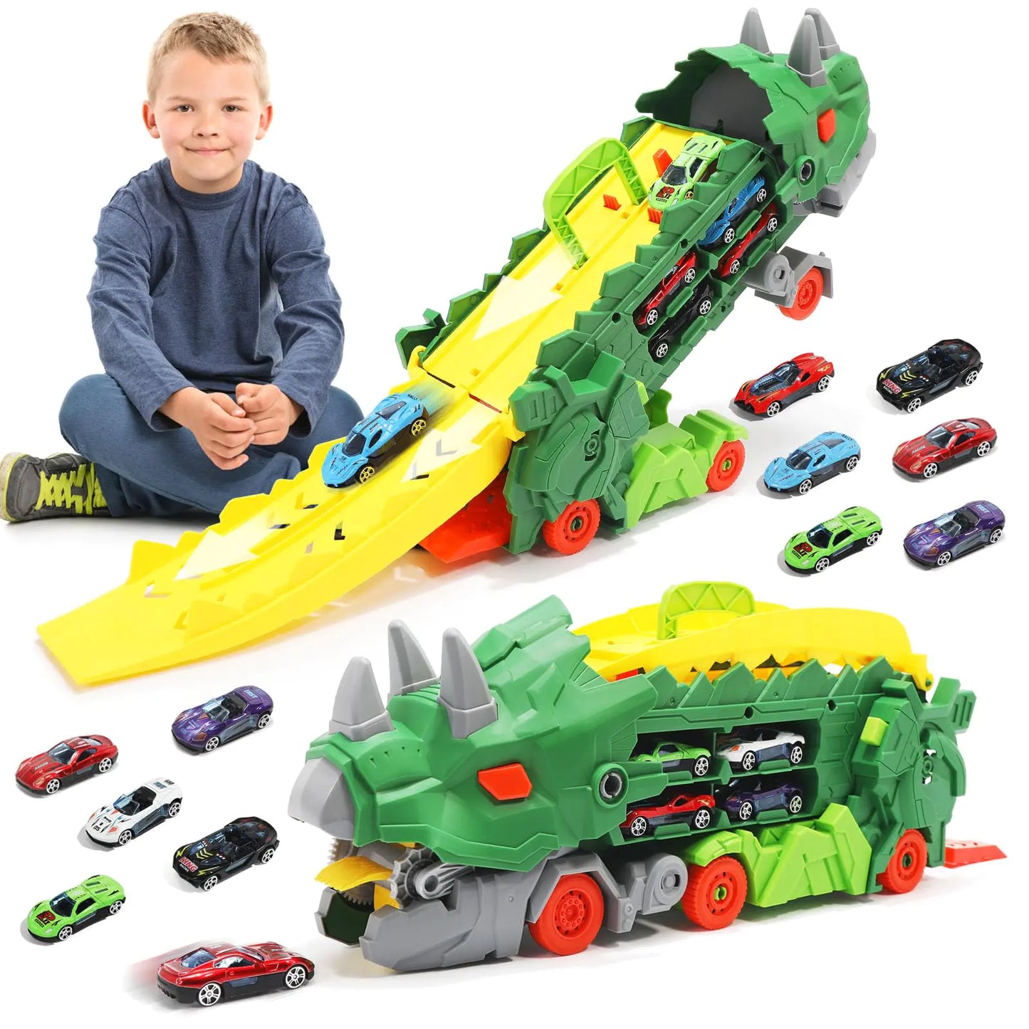 11 in 1 Dinosaur Truck Toys for Kids Ages 3-7 Foldable Dinosaur Car Transporter with Race Track T-Rex Hauler Perfect Dinosaur Toys for Kids 3-5 Toddler Car Toys with 8 Cars(Green)